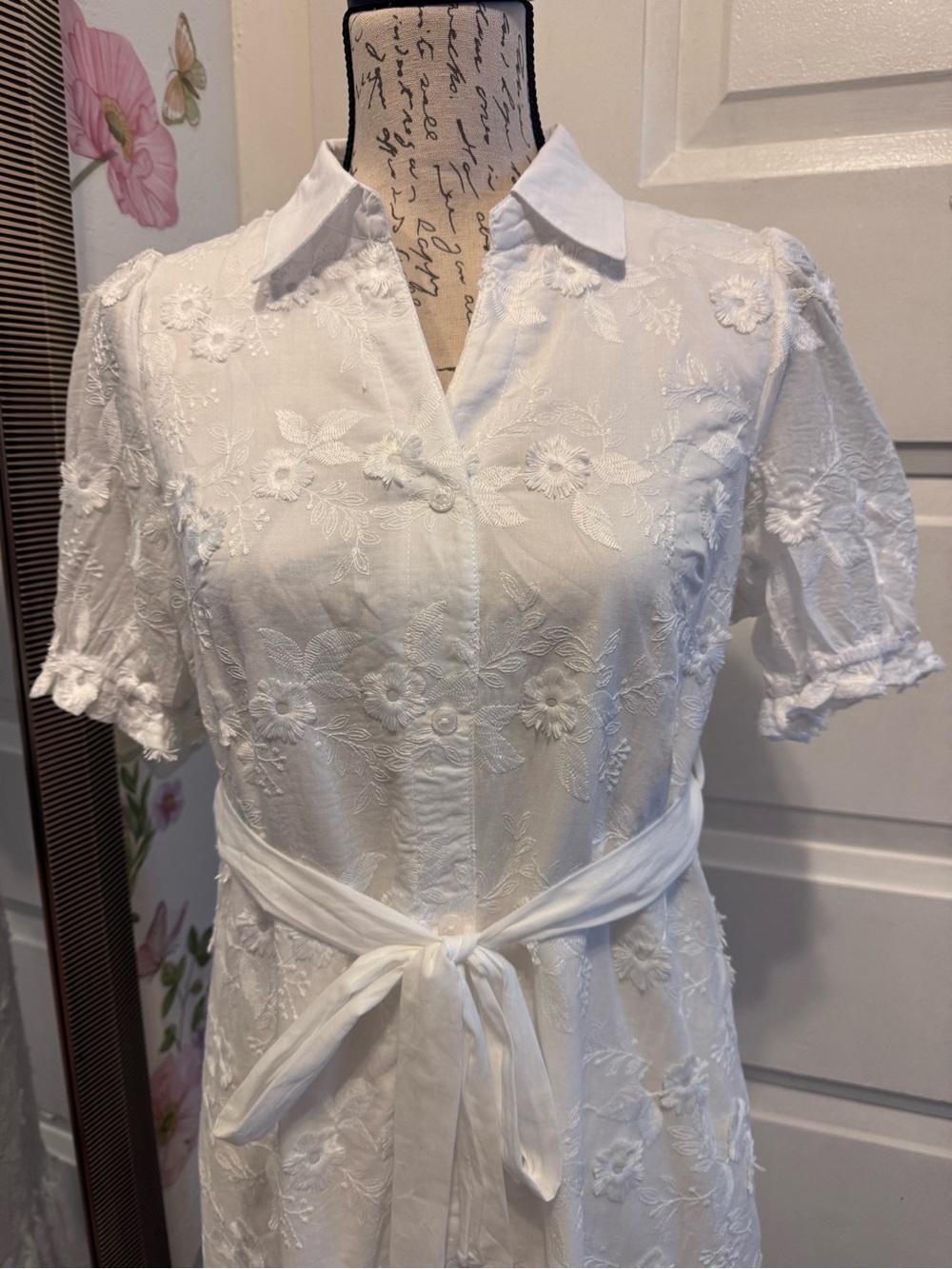 White Embroidered Button-Front Midi Dress with Tie Waist - Picture 5 of 10